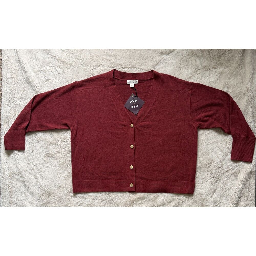 NWT AVA & VIV Maroon Cotton Blend Button‑Front Cardigan Size 1X Plus Cozy Layer - Picture 3 of 6